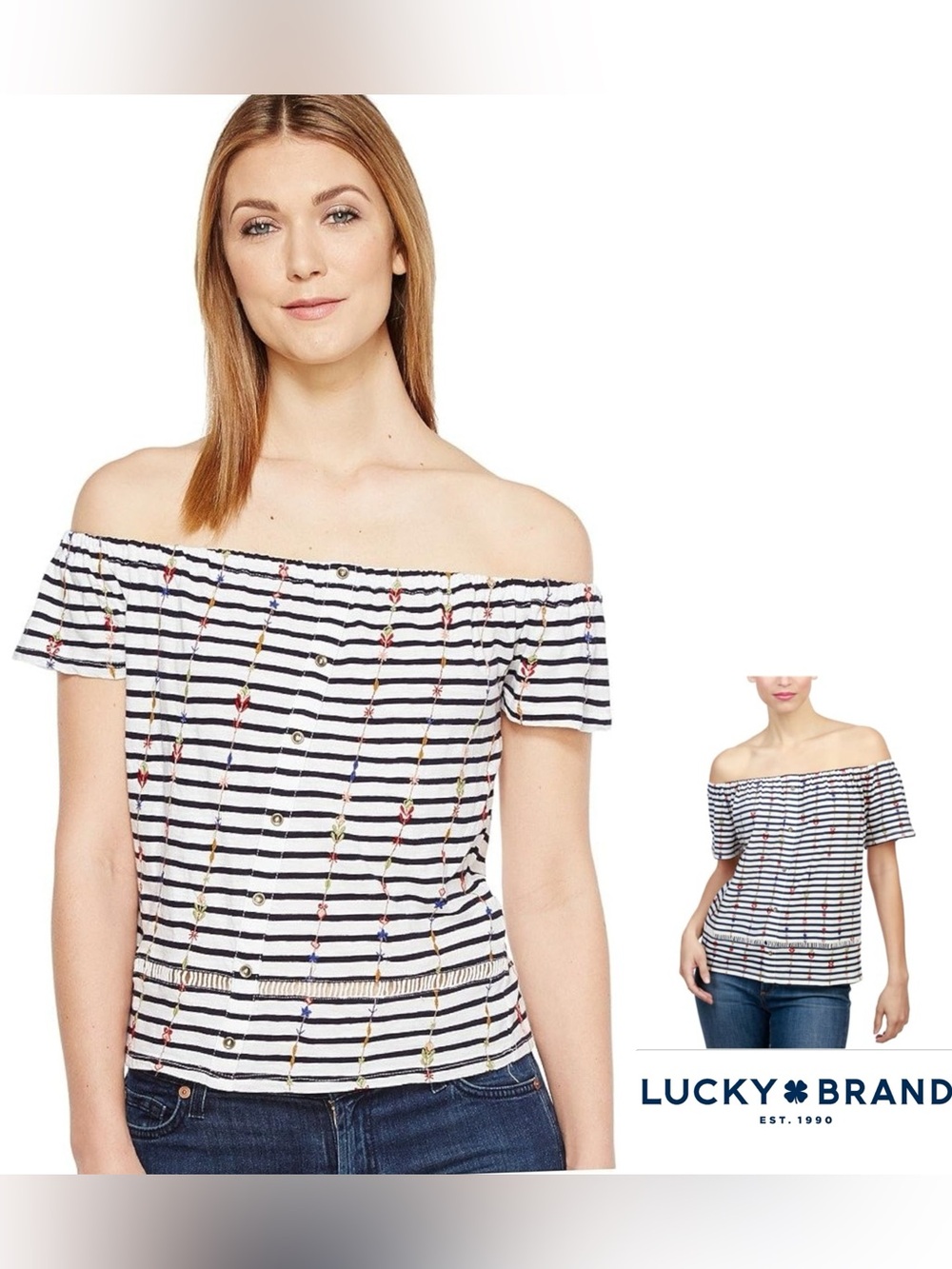 NWT Lucky Brand Striped Floral Embroidered Top Off-Shoulder | Size XS